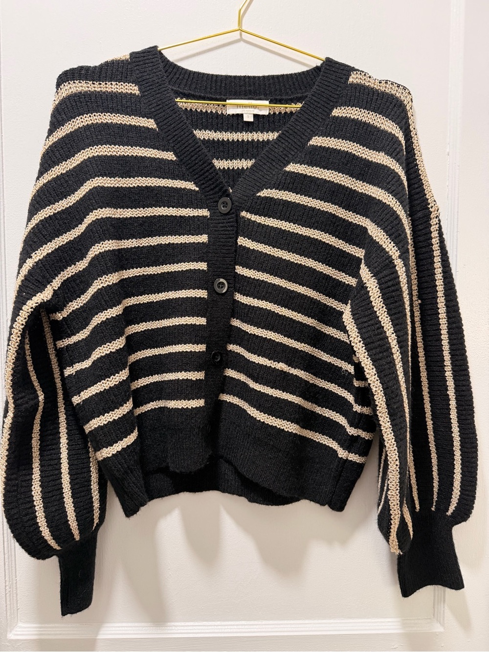 Mello Black and Cream Striped V-Neck Button-Up Cardigan